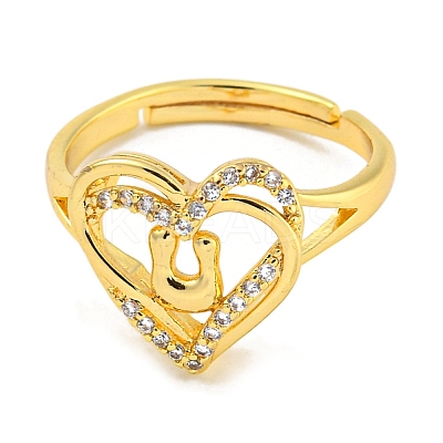 Heart with Letter Rack Plating Brass Micro Pave Clear Cubic Zirconia Adjustable Rings for Women RJEW-I105-01G-U-1