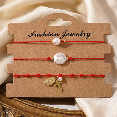 3Pcs Imitatiom Pearl & Brass Charm Bracelets OQ8037-5-1