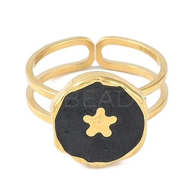 Ion Plating(IP) 304 Stainless Steel Enamel Flat Round with Flower Cuff Finger Rings RJEW-L107-067G-02-1