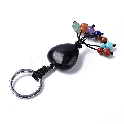 Natural Obsidian Heart with Mixed Gemstone Tassel Keychains KEYC-P012-03P-03-1