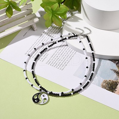 2Pcs 2 Colors Alloy Enamel Gossip/Yin Yang Matching Pendant Necklaces Set NJEW-JN04089-1