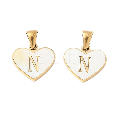 304 Stainless Steel Pave Natural White Shell Heart with Initial Slice Pendants STAS-R168-25G-N-1