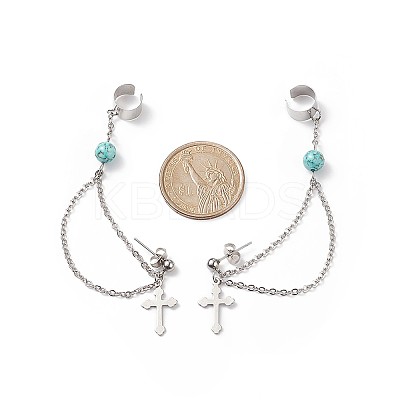 Synthetic Green Turquoise Beaded Hanging Chain Dangle Stud Earrings with Ear Cuff EJEW-TA00149-1