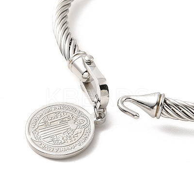 304 Stainless Steel Saint Benedict Charms Twist Rope Bangle for Women BJEW-P283-06C-1