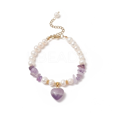 4Pcs 4 Style Natura Mixed Gemstone & Shell Beaded Bracelets Set with Heart Charms for Women BJEW-TA00242-1