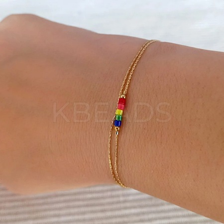 Rainbow Color Glass Beaded Double Layer Bracelets with Brass Chains for Women Elegant Jewelry RN7391-1