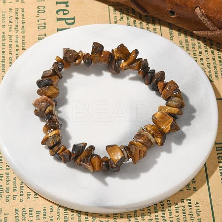 Unisex Chip Natural Tiger Eye Beaded Stretch Bracelets BJEW-S143-02-1