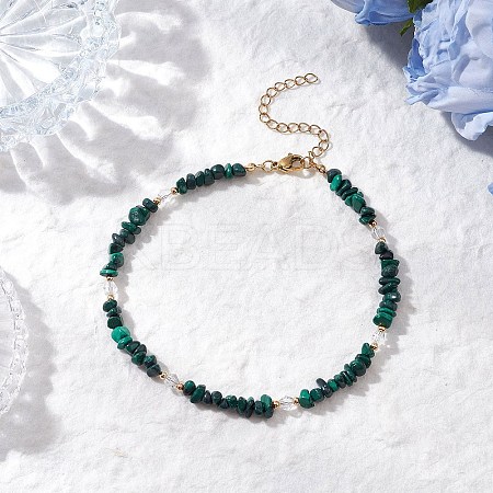 Natural Malachite Chip & Glass Beaded Anklets AJEW-AN00682-05-1