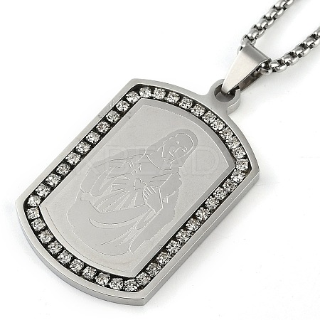 201 Stainless Steel Micro Pave Clear Cubic Zirconia Virgin Mary Rectangle Pendant Necklaces LS-NJEW-D089-07P-1