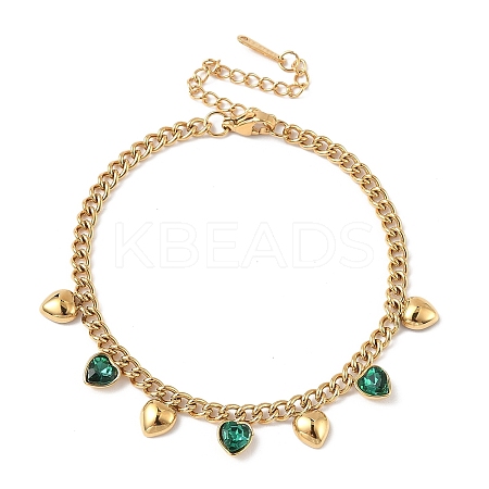 304 Stainless Steel Rhinestone Heart Charm Bracelets BJEW-V011-01G-02-1