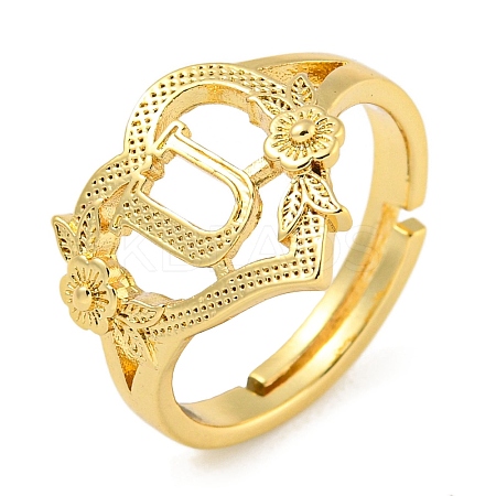 Heart with Letter & Flower Rack Plating Brass Adjustable Rings for Women RJEW-I105-05G-U-1