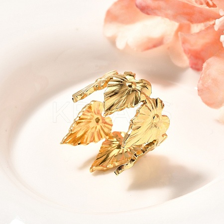 Leaf 201 Stainless Steel Open Cuff Ring for Women RJEW-A053-02E-G-1