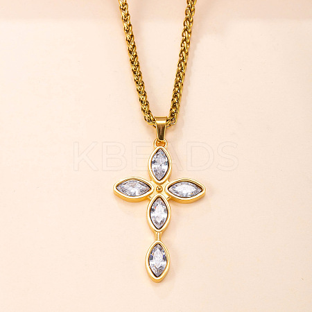 304 Stainless Steel Pave Cubic Zirconia Religion Cross Pendant Necklaces for Men Women WG31638-01-1