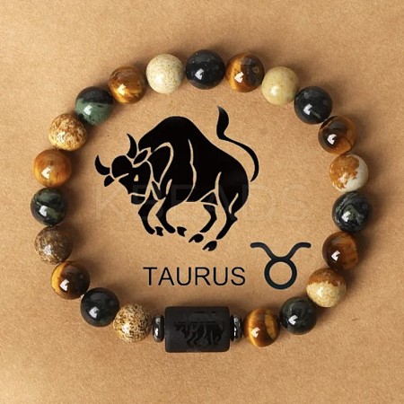 Twelve Constellations Natural Tiger Eye & Picture Jasper & Rhyolite Jasper Round & Column Beaded Stretch Bracelets for Women Men WG6FA5D-04-1