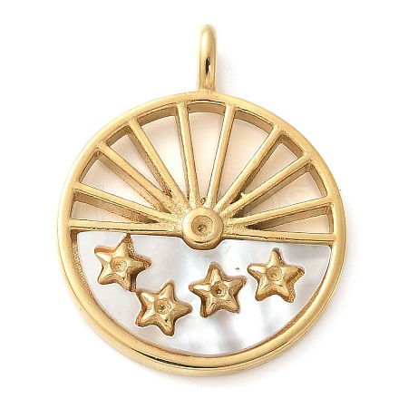 304 Stainless Steel Pave Natural White Shell Flat Round with Star Pendants STAS-Q345-32G-1