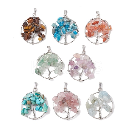 8Pcs 8 Styles Natural Mixed Stone Chip Copper Wire Wrapped Pendants PALLOY-JF02610-1