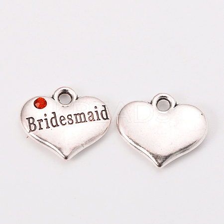 Wedding Theme Antique Silver Tone Tibetan Style Heart with Bridesmaid Rhinestone Charms X-TIBEP-N005-04B-1