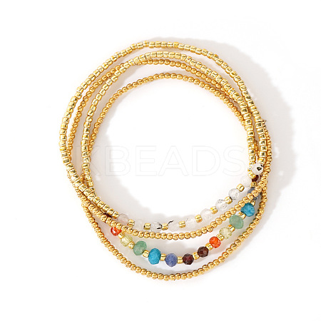 4Pcs Luxury Natural 304 Stainless Steel Round Beads & Moonstone & Lapis Lazuli & Malaysia Jade & Glass & Cubic Zirconia & Purple  Garnet & Red Garnet & Glass Seed Beads Stretch Bracelet Set for Women AP3962-7-1