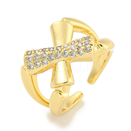Rack Plating Brass Micro Pave Cubic Zirconia Cross Open Cuff Ring for Women RJEW-C082-10G-1