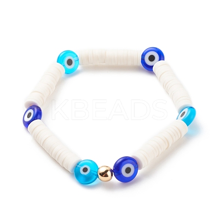 Polymer Clay Heishi Surfer Stretch Bracelet with Lampwork Evil Eye Beaded for Women BJEW-JB08386-01-1