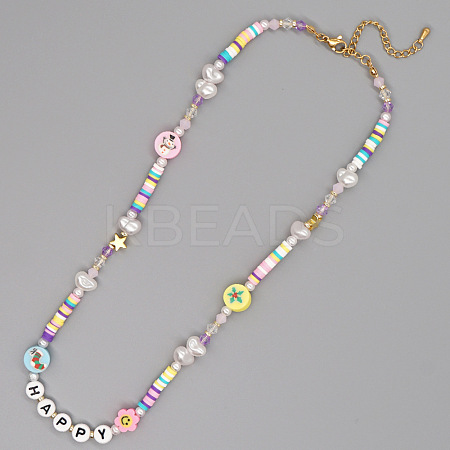 Christmas Theme Glass & Imitation Pearl & Brass HAPPY Heishi Beaded Necklaces GF3195-5-1