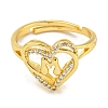 Heart with Letter Rack Plating Brass Micro Pave Clear Cubic Zirconia Adjustable Rings for Women RJEW-I105-01G-M-2