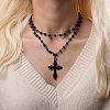 Halloween Alloy & Acrylic Round Beads Link Chain Cross Pendant Double Layer Necklaces for Women NJEW-K294-02EB-1