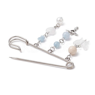 Natural Mixed Gemstone & Butterfly Charms Safety Pin Brooch JEWB-BR00101-1