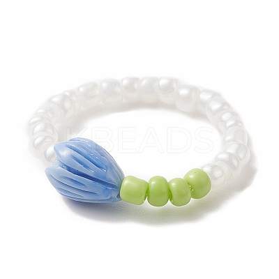 Flower Bud Synthetic Coral & Glass Seed Beaded Stretch Ring for Women RJEW-JR00557-1