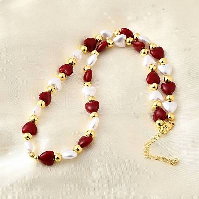Brass & ABS Imitation Pearl Heart and Round Beaded Necklaces for Women NJEW-D314-11B-G-1
