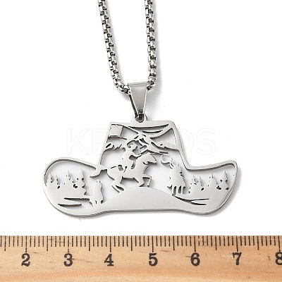 201 Stainless Steel Hollow Cowboy Hat Pendant Necklaces NJEW-H065-27P-1