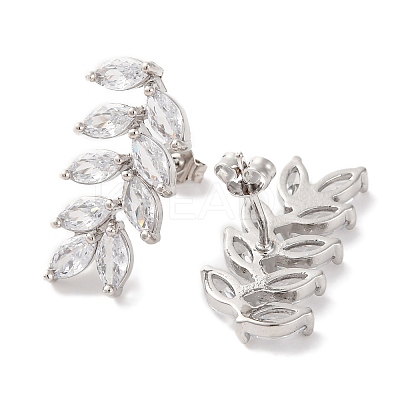 Leaf Brass Micro Pave Clear Cubic Zirconia Dangle Stud Earrings EJEW-F348-01P-1