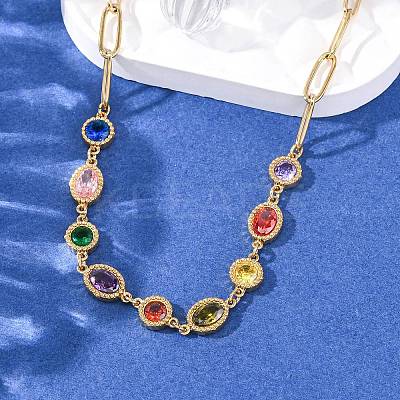 304 Stainless Steel Colorful Cubic Zirconia Flat Round Oval Link Chain Necklaces for Women LS-NJEW-A051-06G-1