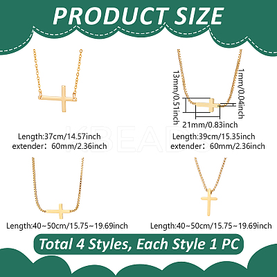 4Pcs 4 Styles Brass & 304 Stainless Steel Sideways Cross Box Chain Necklaces for Women NJEW-UN0001-67-1