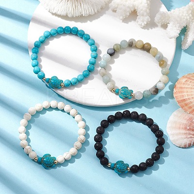 4Pcs Round Natural Amazonite & Lava Rock & Synthetic Turquoise Beaded Stretch Bracelets BJEW-JB10269-1