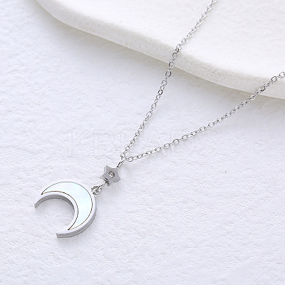 Stainless Steel Pave Natural White Shell Moon Pendant Necklaces for Women GV4177-1