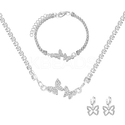 Butterfly Alloy with Crystal Rhinestone Pendant Necklace & Hoop Earring & Link Bracelet FS-WG7F609-01-1