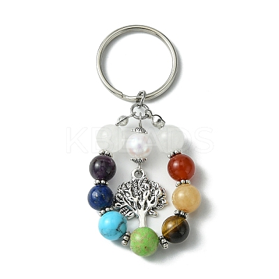 7 Chakra Gemstone Bead Pendant Keychain with Tibetan Style Alloy Charm KEYC-JKC00539-05-1