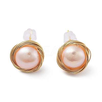 Natural Pearl Flat Round Stud Earrings EJEW-P256-67G-1