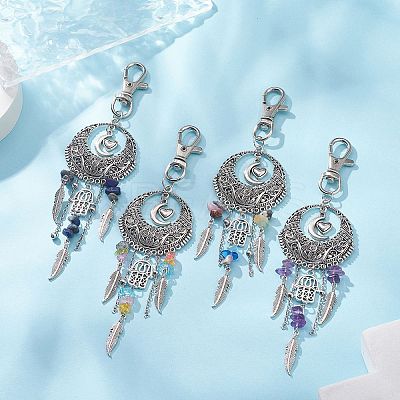 Tibetan Style Alloy Flat Round with Feather Pendants Decorations HJEW-JM01054-1