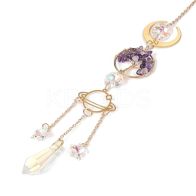 Wire Wrapped Natural Amethyst Ring with Tree of Life Pendant Decorations HJEW-K046-05G-06-1