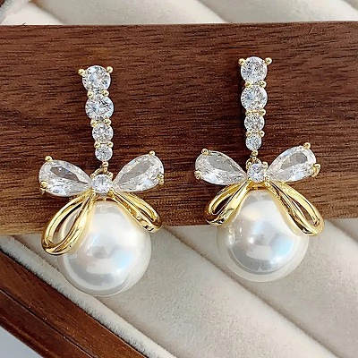 Bowknot with Round Alloy Micro Pave Clear Cubic Zirconia Dangle Stud Earrings FS-WG257E1-01-1