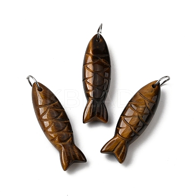 Natural Tiger Eye Fish Carved Pendants G-G314-01P-02-1