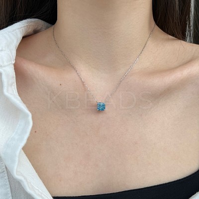 Square Rhodium Plated 925 Sterling Silver Pave 8A Deep Sky Blue Cubic Zirconia Pendant Cable Chain Necklaces for Women NJEW-F330-04P-1