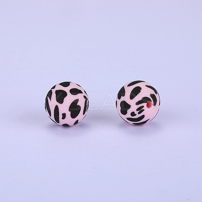 Printed Round with Leopard Print Pattern Silicone Focal Beads SI-JX0056A-101-1
