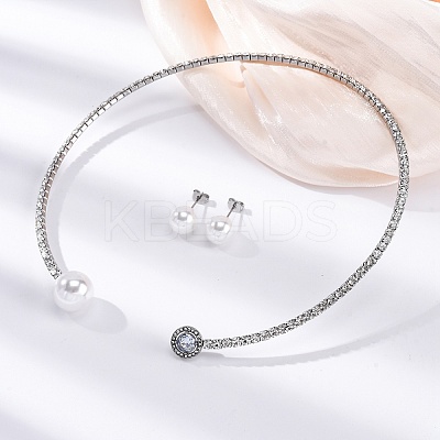 Round Plastic Imitation Pearl Stud Earrings & Cubic Zirconia and Rhinestone Cuff Choker Necklaces Sets SJEW-U003-03P-1