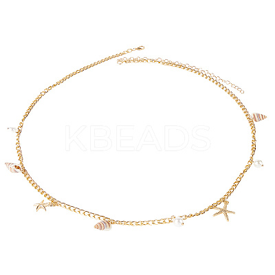 Bohemian Natural Shell & Plastic Imitation Pearl Tassel Chain Belts AJEW-CY0001-06B-1