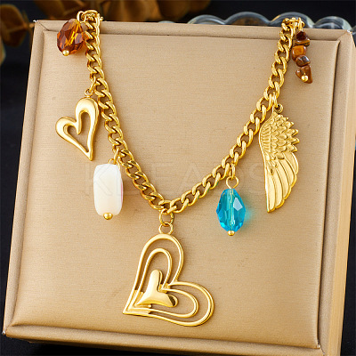 304 Stainless Steel & Synthetic Turquoise & Imitation Pearl & Glass Feather Pendant Bib Necklaces for Women FS-WG17725-05-1