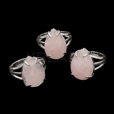 Natural Rose Quartz Teardrop Adjustable Rings RJEW-K241-03P-14-1