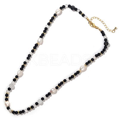 Round Natural Obsidian & Natural Freshwater Pearl & Brass Spacer Beaded Necklaces NN6807-1
